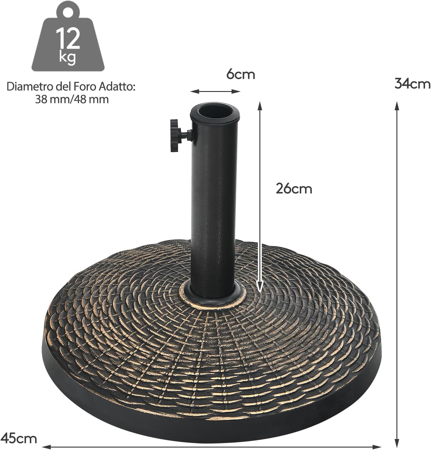 Base per Ombrellone da Giardino, Supporto per Ombrellone da Patio Rotondo da 12 kg, con Pomello Regolabile, Base per Ombrellone da 38/48 mm, per Giardino, Patio