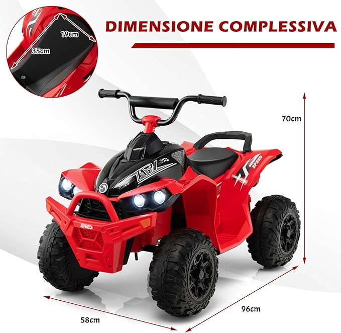 12V Quad Elettrico per Bambini, Macchina Elettrica con Velocità Alta/Bassa, Sedile Comodo Fari Corno e Musica, Auto Elettrica Cavalcabile 2,2/4,3 km/h (Rosso)