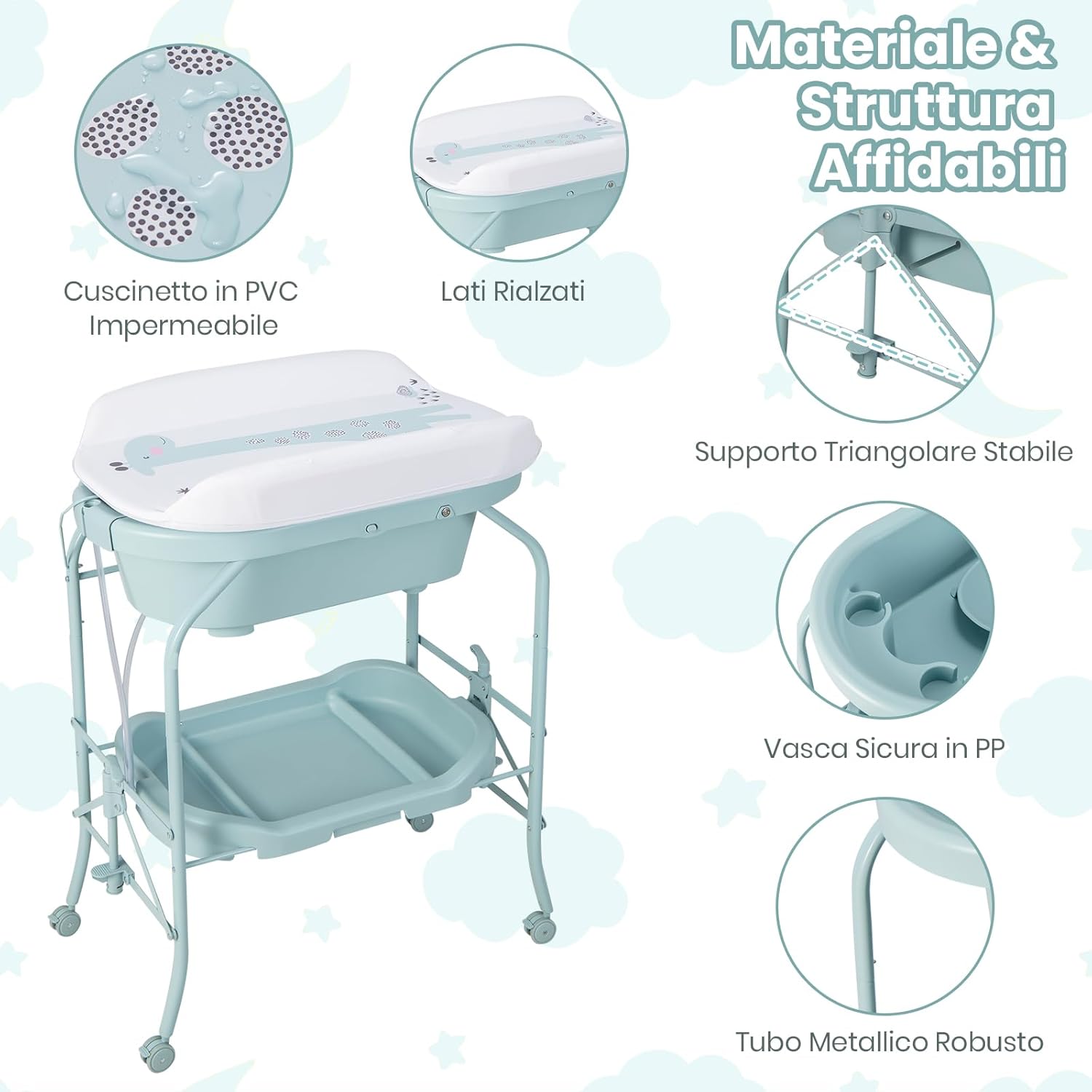 Fasciatoio con Vaschetta per Bambini, Vasca da Bagno per Neonati, Fasciatoio Pieghevole con Materassino, Cestino Portaoggetti, Ruote con Freno, Portata 35kg+15kg (Azzurro)