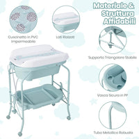 Fasciatoio con Vaschetta per Bambini, Vasca da Bagno per Neonati, Fasciatoio Pieghevole con Materassino, Cestino Portaoggetti, Ruote con Freno, Portata 35kg+15kg (Azzurro)