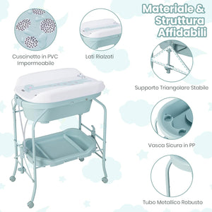 Fasciatoio con Vaschetta per Bambini, Vasca da Bagno per Neonati, Fasciatoio Pieghevole con Materassino, Cestino Portaoggetti, Ruote con Freno, Portata 35kg+15kg (Azzurro)