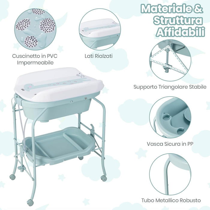 Fasciatoio con Vaschetta per Bambini, Vasca da Bagno per Neonati, Fasciatoio Pieghevole con Materassino, Cestino Portaoggetti, Ruote con Freno, Portata 35kg+15kg (Azzurro)
