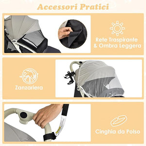 Passeggino Leggero per Bambini, Carrozzina con Schienale Regolabile, Passeggino Pieghevole con Ruote Universali, Sacco a fondo,per Bambini 0-36 Mesi, Portata 15 kg(Grigio)