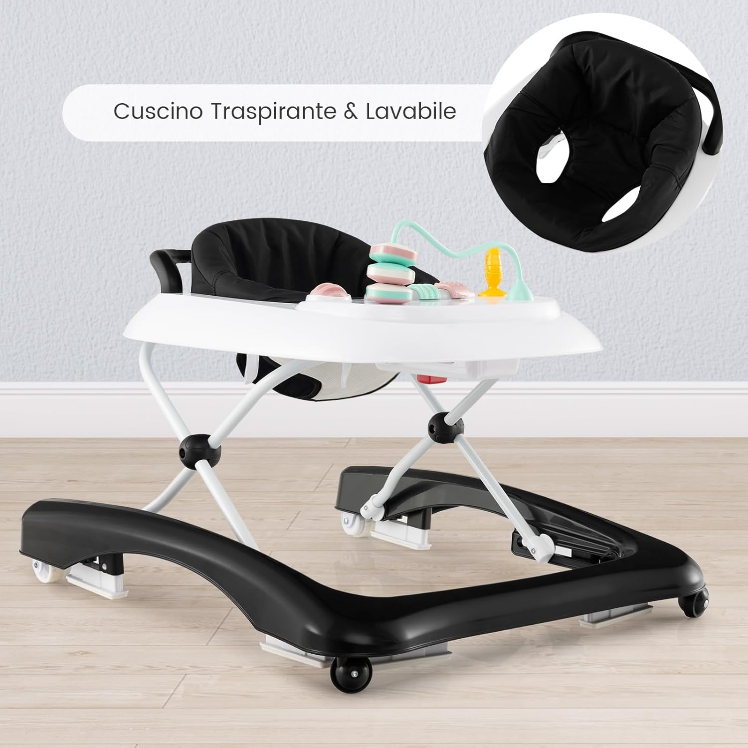 3 in 1 Girello per Bambini, Girello Pieghevole per Bambini, con 3 Altezze Regolabili, Sedile Imbottito e Piatto Giocattolo Rimovibile, Girello a Spinta con Ruote, per Bambini 6+ Mesi (Nero)