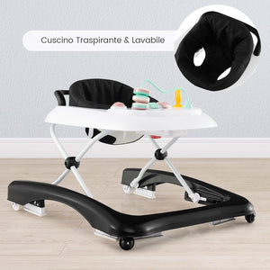 3 in 1 Girello per Bambini, Girello Pieghevole per Bambini, con 3 Altezze Regolabili, Sedile Imbottito e Piatto Giocattolo Rimovibile, Girello a Spinta con Ruote, per Bambini 6+ Mesi (Nero)