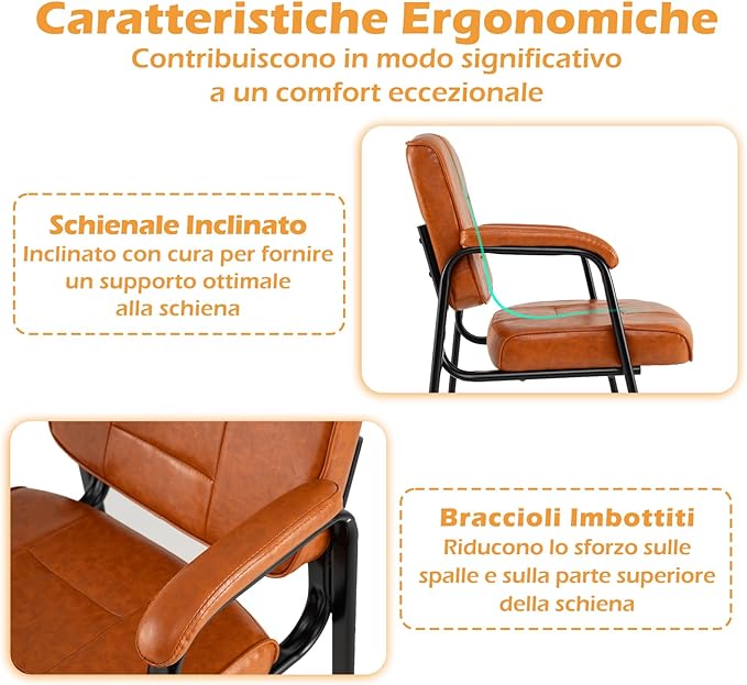 Set di 2 Sedie da Ufficio, Sedia per Sala d'Attesa con Struttura in Metallo, Braccioli Imbottiti, Sedia da Ospiti per Ufficio Riunioni, Portata 180kg (Marrone)