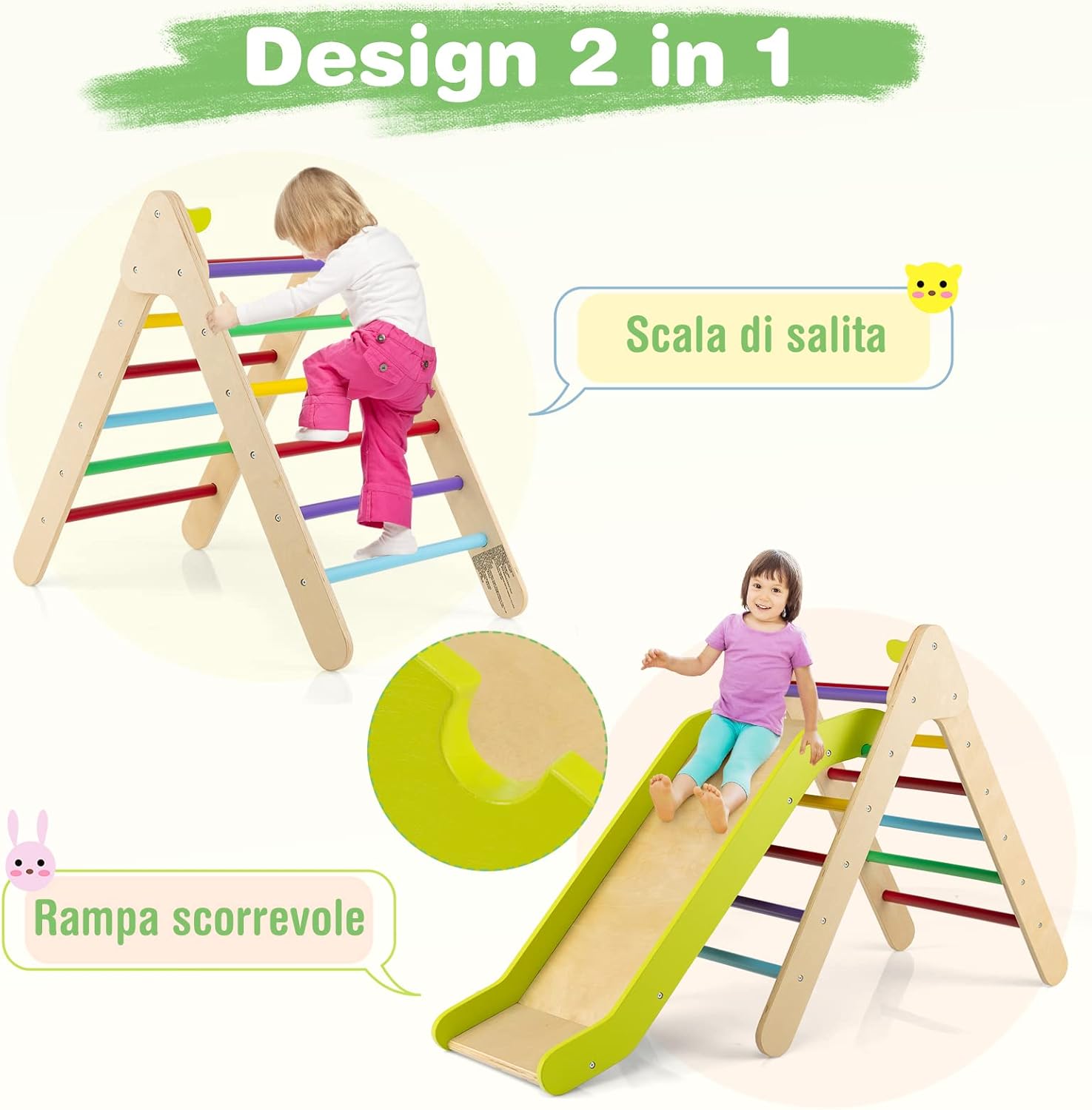Set di Arrampicata con Scivolo 2 in 1, Arrampicatore in Legno Regolabile a Gradi, Giocattolo per Arrampicarsi all’Interno e all’Esterno per Bambini con età più di 1 Anno