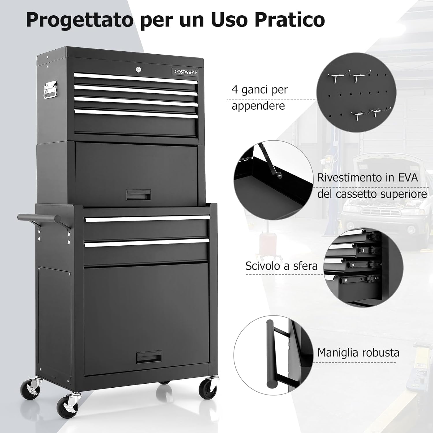 Cassettiera Portautensili a 6 Cassetti, Carrello per Attrezzi con Ruote Bloccabili, con Ripiano rimovibile e Serratura, 61,5 x 33 x 132 cm (Nero)