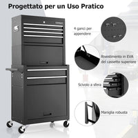 Cassettiera Portautensili a 6 Cassetti, Carrello per Attrezzi con Ruote Bloccabili, con Ripiano rimovibile e Serratura, 61,5 x 33 x 132 cm (Nero)