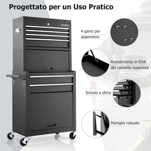 Cassettiera Portautensili a 6 Cassetti, Carrello per Attrezzi con Ruote Bloccabili, con Ripiano rimovibile e Serratura, 61,5 x 33 x 132 cm (Nero)