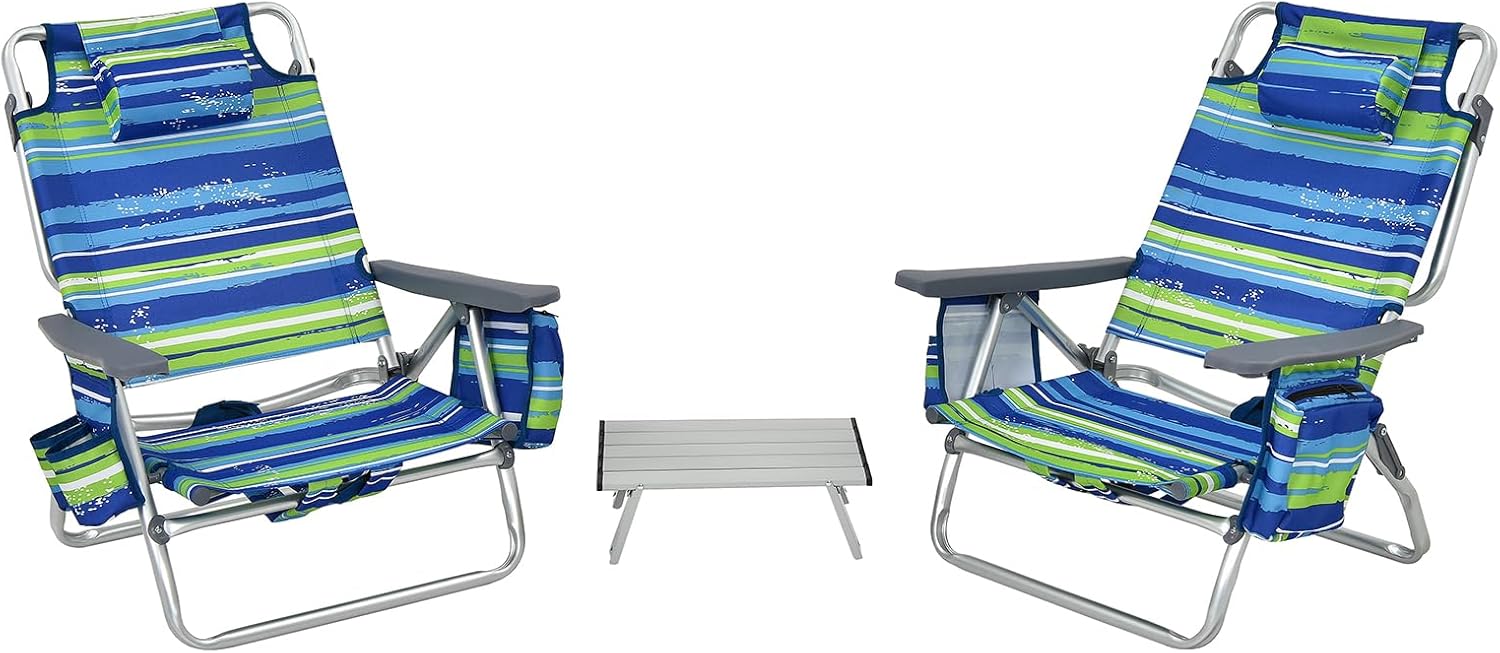 Set di Sedie da Spiaggia e Tavolino, Sedie da Esterno Reclinabili con Tavolino da Campeggio, Set di Tavolino in Alluminio e 2 Sedie Pieghevoli da Spiaggia a 5 Posizioni (Blu+Verde)