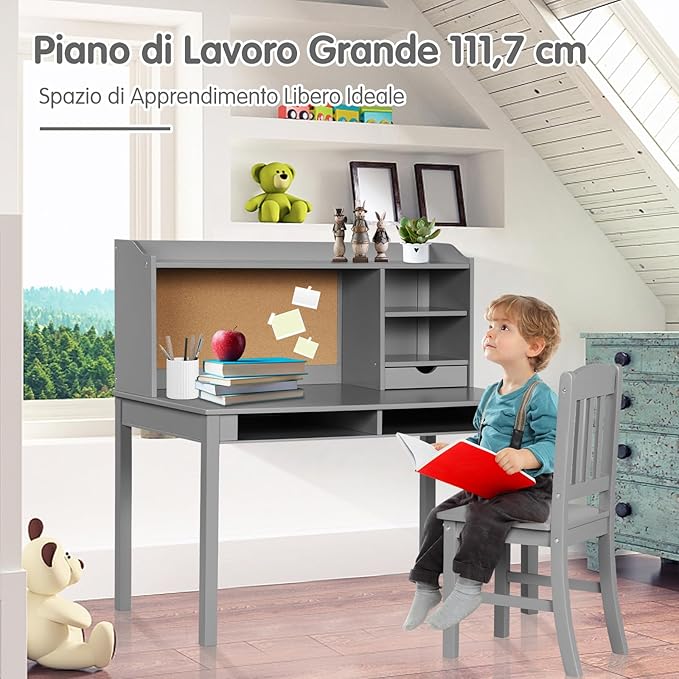 Set Scrivania e Sedia per Bambini 5-12 Anni, Tavolo in Materiale Sicuro con Bacheca in Sughero, 2 Cassetti e Spazio Ampio, Design Moderno, Ideale per Studio e Disegno (Grigio)