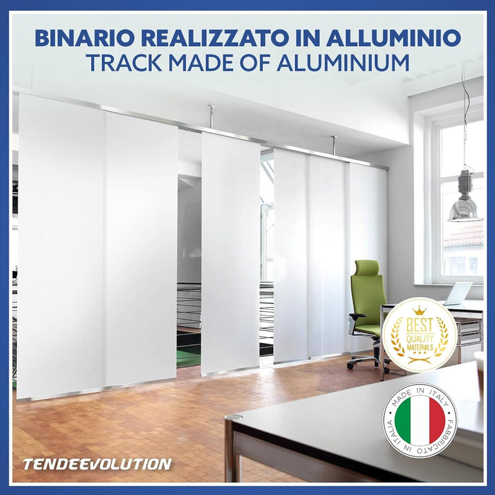 Bastone per Tende A Pannello Comando a Corda Apertura a sinistra, Binario a 4 vie con portapannelli da 75 CM, Attacco Soffitto Lunghezza 290 CM
