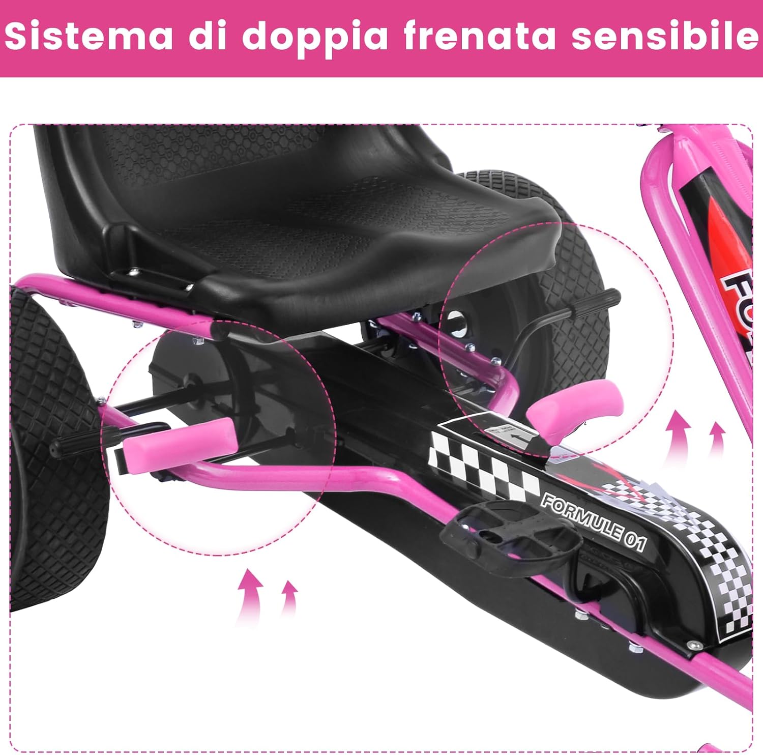 Go Kart a Pedali per Bambini, con Sedile Regolabile e Freno a Mano, Go Kart Veicolo per Bambini 3-8 Anni, Portata Massima 30 kg (Rosa)
