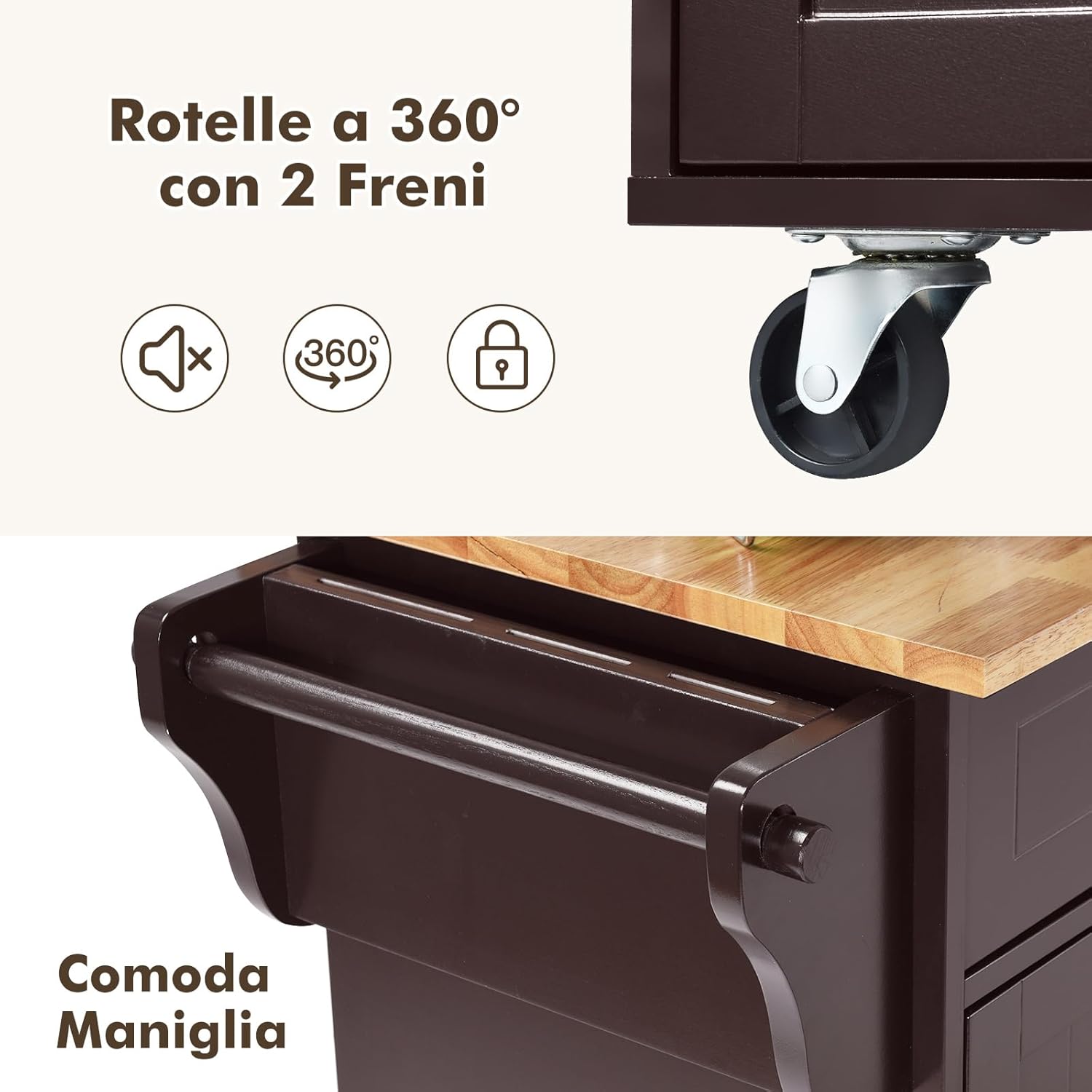 Carrello da Cucina, Carrello di Servizio con Ruote e Maniglia, 3 Ante e 2 Cassetti, Ideale per Cucina Ristorante Bar, 122x46x92,3 cm (Marrone)