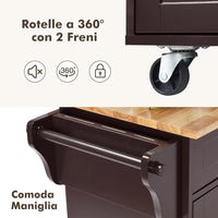 Carrello da Cucina, Carrello di Servizio con Ruote e Maniglia, 3 Ante e 2 Cassetti, Ideale per Cucina Ristorante Bar, 122x46x92,3 cm (Marrone)