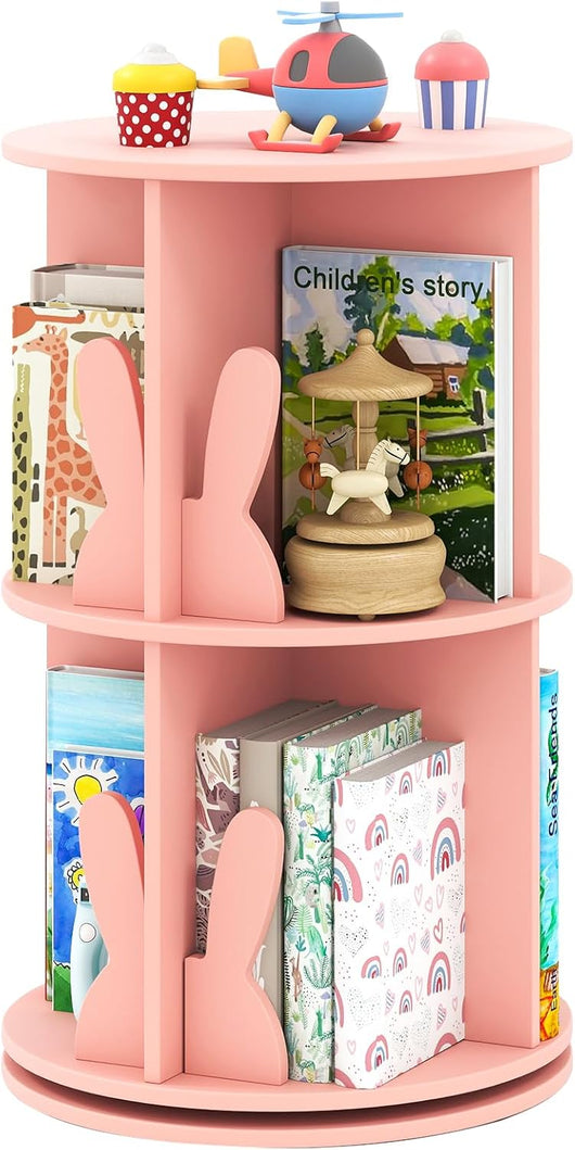 Libreria Girevole per Bambini, Scaffale Moderna in Legno a 2 Ripiani, Libreria Salvaspazio per Soggiorno, Camera da Letto e Studio, 40 x 65 cm (Rosa)