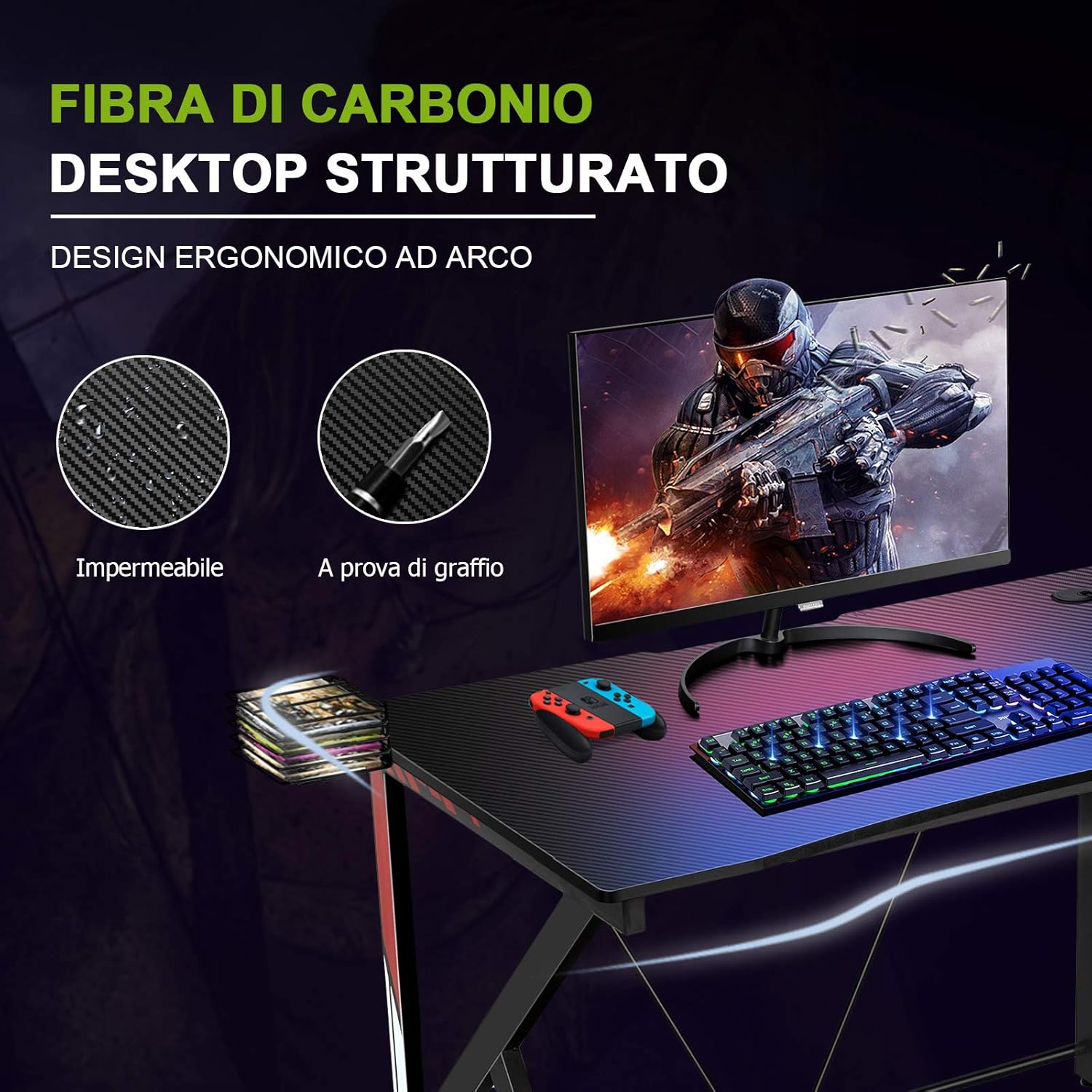 Scrivania Gaming Ergonomica, Tavolo da Gioco per Computer, con Porta Bicchiere e Gancio per Cuffie, Nero 115x73x76,5 cm