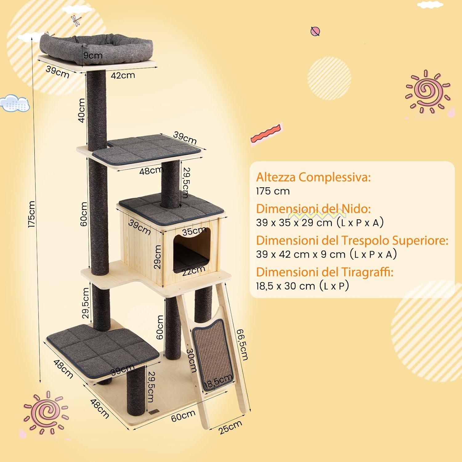 Albero Tiragraffi per Gatti Alto 175CM con Pali Sisal e Rampa Tiragraffi, Tiragraffi per Gatti Moderna a 6 Livelli con Cuscinetti Nicchia Trespolo, per Gatti Adulti e Gattini