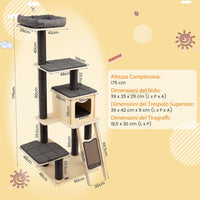 Albero Tiragraffi per Gatti Alto 175CM con Pali Sisal e Rampa Tiragraffi, Tiragraffi per Gatti Moderna a 6 Livelli con Cuscinetti Nicchia Trespolo, per Gatti Adulti e Gattini