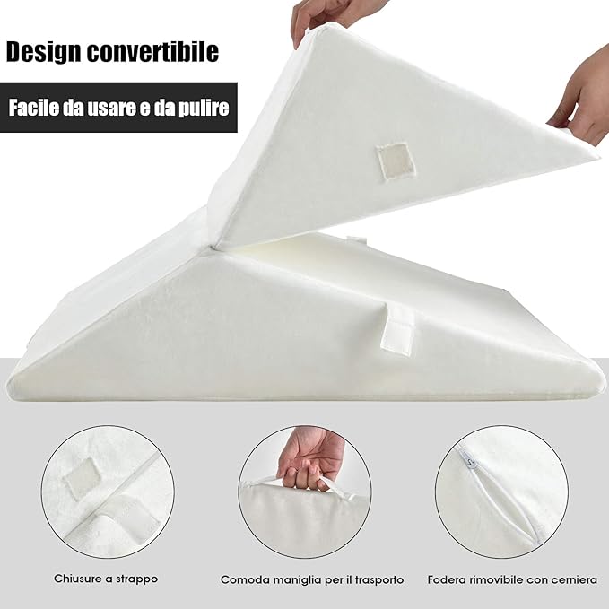 Cuscino a Cuneo per Letto e Divano, Cuscino da Lettura Relax, per Gambe Schiena e Ginocchio, con Fodera Lavabile (Bianco)