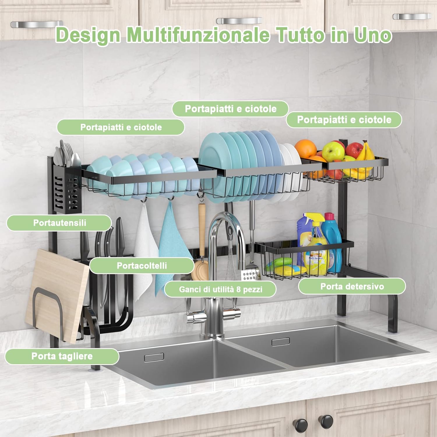 Scolapiatti sul Lavandino, Scolapiatti a 2 Livelli Regolabile per Riporre i Piatti e Utensili da Cucina, con 4 Cestini e 8 Ganci, Carico Massimo: 50 kg