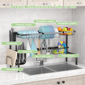 Scolapiatti sul Lavandino, Scolapiatti a 2 Livelli Regolabile per Riporre i Piatti e Utensili da Cucina, con 4 Cestini e 8 Ganci, Carico Massimo: 50 kg