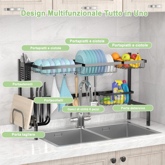 Scolapiatti sul Lavandino, Scolapiatti a 2 Livelli Regolabile per Riporre i Piatti e Utensili da Cucina, con 4 Cestini e 8 Ganci, Carico Massimo: 50 kg