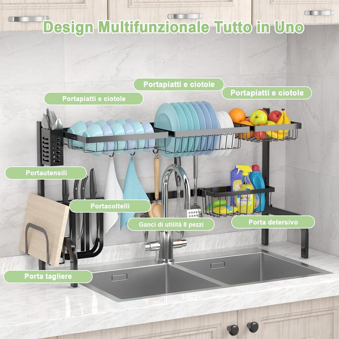 Scolapiatti sul Lavandino, Scolapiatti a 2 Livelli Regolabile per Riporre i Piatti e Utensili da Cucina, con 4 Cestini e 8 Ganci, Carico Massimo: 50 kg