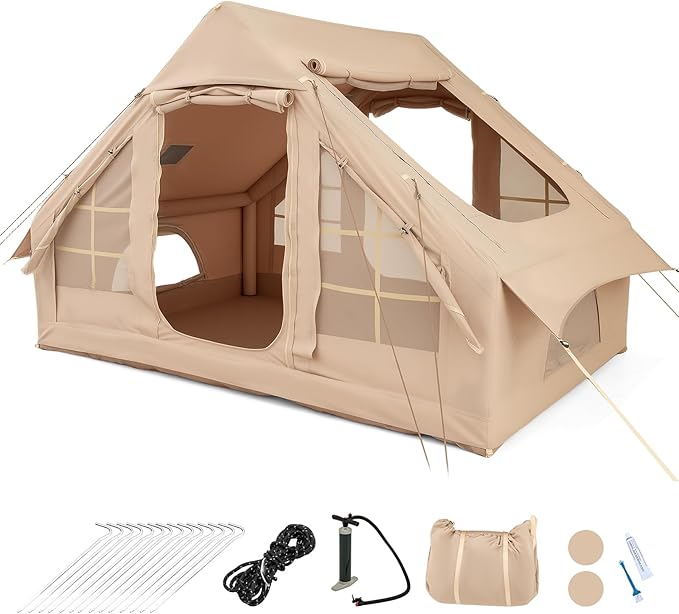 Tenda da Campeggio Gonfiabile, Tenda da Campeggio in Tessuto Oxford per 4-6 Persone con Pompa, Finestre a Rete, Porte e Borsa da Trasporto, 300 x 210 x 197 cm