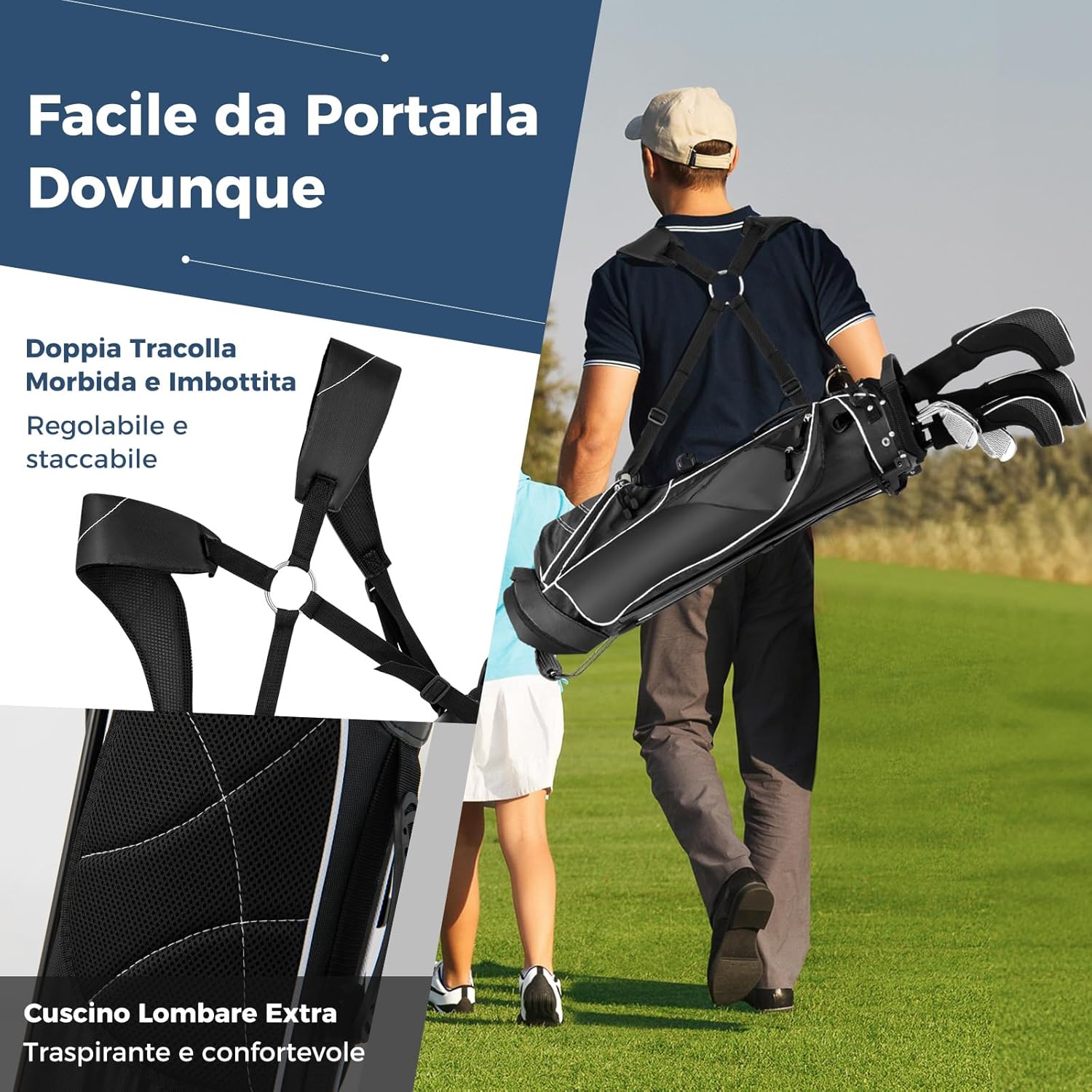 Sacca da Golf con Supporto, Borsa da Golf a 4 Scomparti con 4 Tasche con Cerniera, Borsa Frigo, Tracolla Doppia, Cappuccio Antipioggia, Supporto per Ombrellone