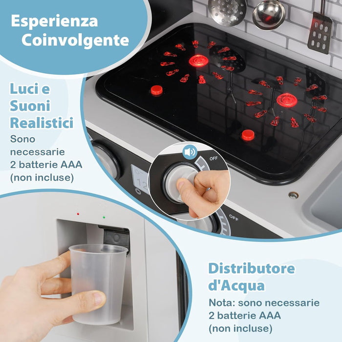 Cucina Giocattolo per Bambini, Cucina Legno per Bambini con Forno, Microonde, Lavatrice, Telefono, Lavello Rimovibile e Rubinetto Rotante, con Luci e Suoni, per Bambini di 3+ Anni (Nero)