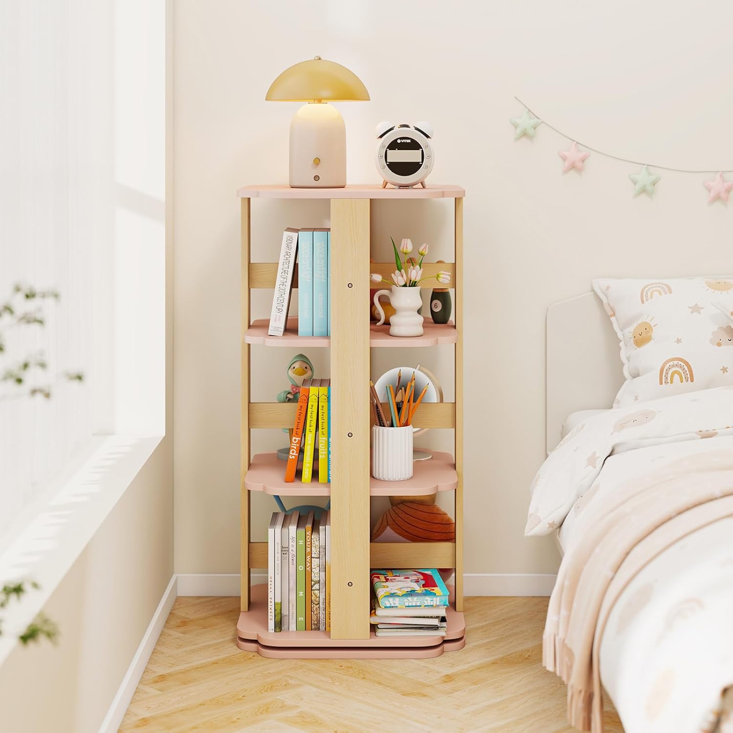 Libreria Girevole per Bambini, Scaffale per Libri in Legno a 3 Livelli con 12 Scomparti, Libreria Angolare e Salvaspazio per Camera da Letto, Studio e Soggiorno, 48 x 48 x 95,5 cm