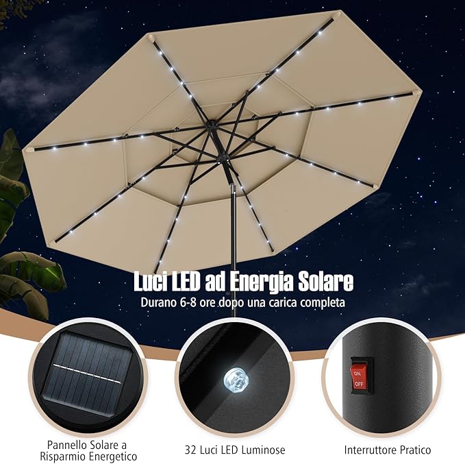 Ombrellone da Patio 313 cm con 32 Luci LED, Tetto Ventilato a 3 Piani, Inclinazioni Regolabili, Manovella, 8 Stecche, Ombrellone da Giardino, Piscina, Spiaggia