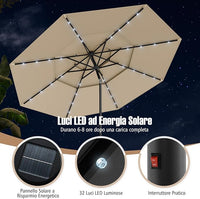 Ombrellone da Patio 313 cm con 32 Luci LED, Tetto Ventilato a 3 Piani, Inclinazioni Regolabili, Manovella, 8 Stecche, Ombrellone da Giardino, Piscina, Spiaggia