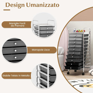 Carrello con 10 Cassetti da Stoccaggio, Cassettiera di Metallo e Plastica, Contenitore Multiuso con Ruote a Freno, per Casa e Ufficio (Nero sfumato)