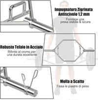 Barra della Trappola Olimpica, Barra Esagonale Pieghevole con Manici Zigrinati, Manicotti 25 cm e Molle, Olympic Hex Trap Bar per Sollevamento Pesi e Bodybuilding, Carico 363 kg(Argento)