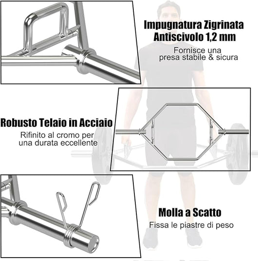 Barra della Trappola Olimpica, Barra Esagonale Pieghevole con Manici Zigrinati, Manicotti 25 cm e Molle, Olympic Hex Trap Bar per Sollevamento Pesi e Bodybuilding, Carico 363 kg(Argento)