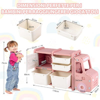 Organizer per Giocattoli con Scatole per Bambini, Scaffale Multilivello in HDPE a Forma di Camion, Scaffale per Giocattoli con 2 Livelli e 4 Scompartimenti per Bambini (Rosa)
