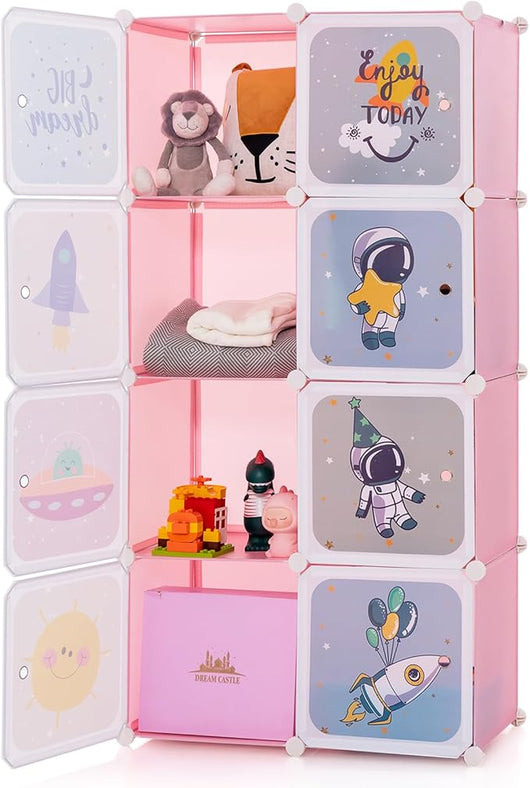 Armadio Portatile per Bambini, Organizzatore Modulari per Bambini a 8 cubi con Ante e Sezione Appendiabiti, Guardaroba Portatile per Sala Giochi Camera da Letto Asilo, 71x35,5x142 cm (Rosa)