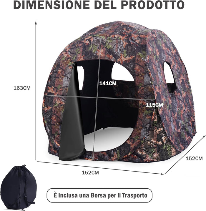 Tenda da Caccia Pieghevole per 3 Persone, Tenda da Caccia con Telaio in Acciaio e Finestre a Maglie, Tenda Mimetica con Borsa per Trasporto, con Visione 270°