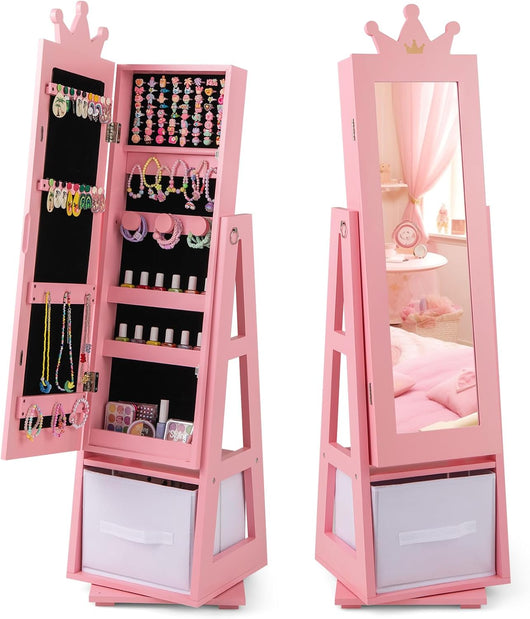 Armadietto Portagioie per Bambini 31,5 x 29,5 x 119cm, Specchio a Figura Intera a Forma di Corona con Ganci, Ripiani, Base Girevole a 360°e Cassetto in Tessuto (Rosa)