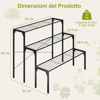 Scaffale Portafiori a 3 Ripiani, Porta Piante da Esterno e Interno a Scala, Scaffale Porta Vasi di Metallo per Balcone, Soggiorno e Giardino
