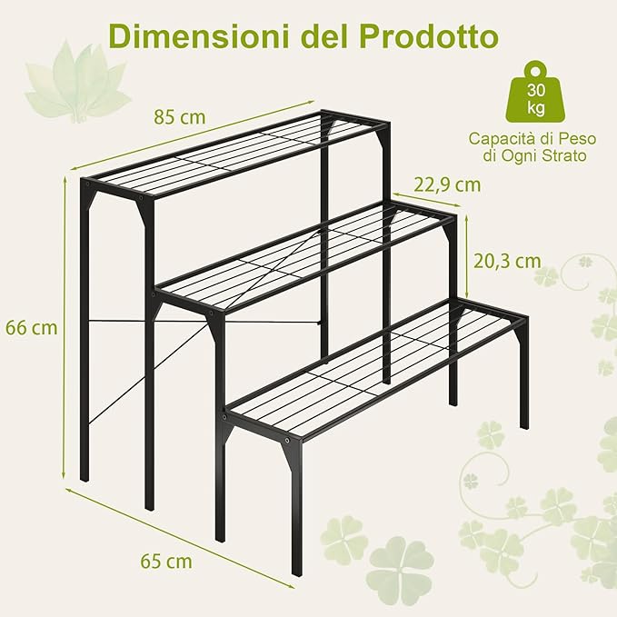 Scaffale Portafiori a 3 Ripiani, Porta Piante da Esterno e Interno a Scala, Scaffale Porta Vasi di Metallo per Balcone, Soggiorno e Giardino