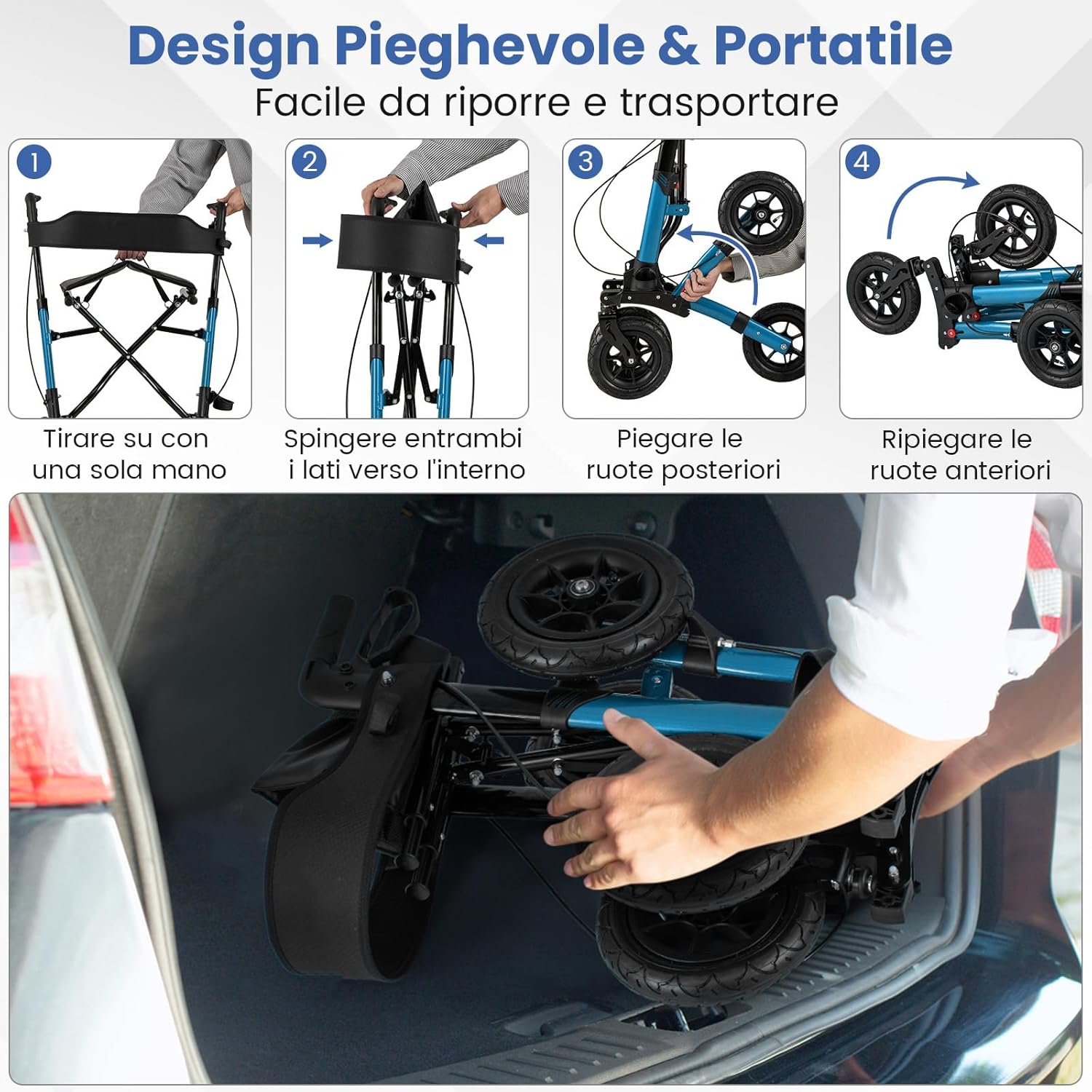 Deambulatore Pieghevole per Anziani in Alluminio, Rollator Regolabile in Altezza con Seduta, Schienale e Freni, Girello per Anziani con Borsetta, Carico Massimo 140 kg (Blu)