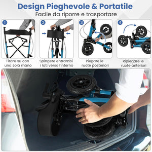 Deambulatore Pieghevole per Anziani in Alluminio, Rollator Regolabile in Altezza con Seduta, Schienale e Freni, Girello per Anziani con Borsetta, Carico Massimo 140 kg (Blu)