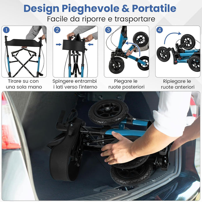 Deambulatore Pieghevole per Anziani in Alluminio, Rollator Regolabile in Altezza con Seduta, Schienale e Freni, Girello per Anziani con Borsetta, Carico Massimo 140 kg (Blu)
