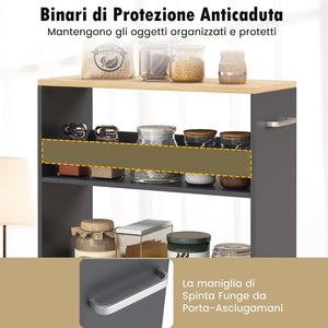 Carrello da Cucina a 4 Ripiani, Carrello in Legno con 4 Ruote Universali, Carrello Scaffale Stretto Salvaspazio con Manico per Bagno, Ufficio e Officina, 47,5 x 20 x 80,5 cm (Grigio)