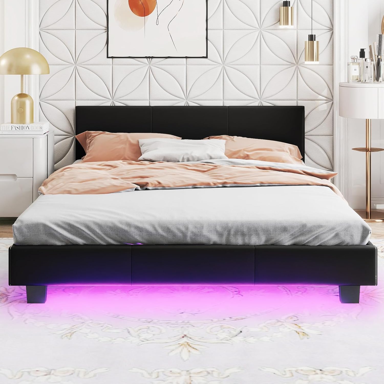 Letto Matrimoniale in Legno, Struttura per Letto Con Testiera Imbottita Luce LED Multicolore e Telecomando, Carico 200 kg, Silenzioso (Nero)