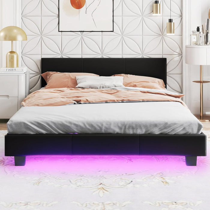 Letto Matrimoniale in Legno, Struttura per Letto Con Testiera Imbottita Luce LED Multicolore e Telecomando, Carico 200 kg, Silenzioso (Nero)